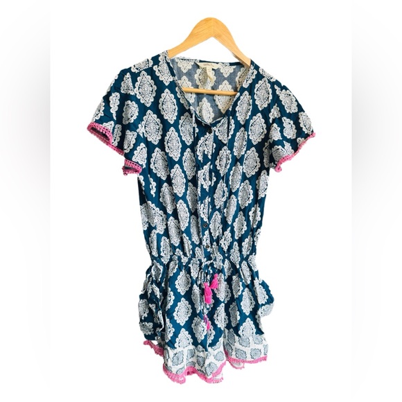 Cottagecore Chic Summer Romper –Navy & White with Pink Tassel Accents Size Small - Picture 2 of 3